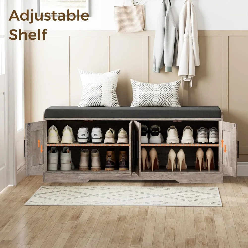 مقعد أحذية للتخزين بطبقة مزدوجة مع وسادة مقعد مبطنة، وخزانة مدخل تتميز بـ 4 أبواب وأرفف قابلة للتعديل، مقاس 13.8 بوصة