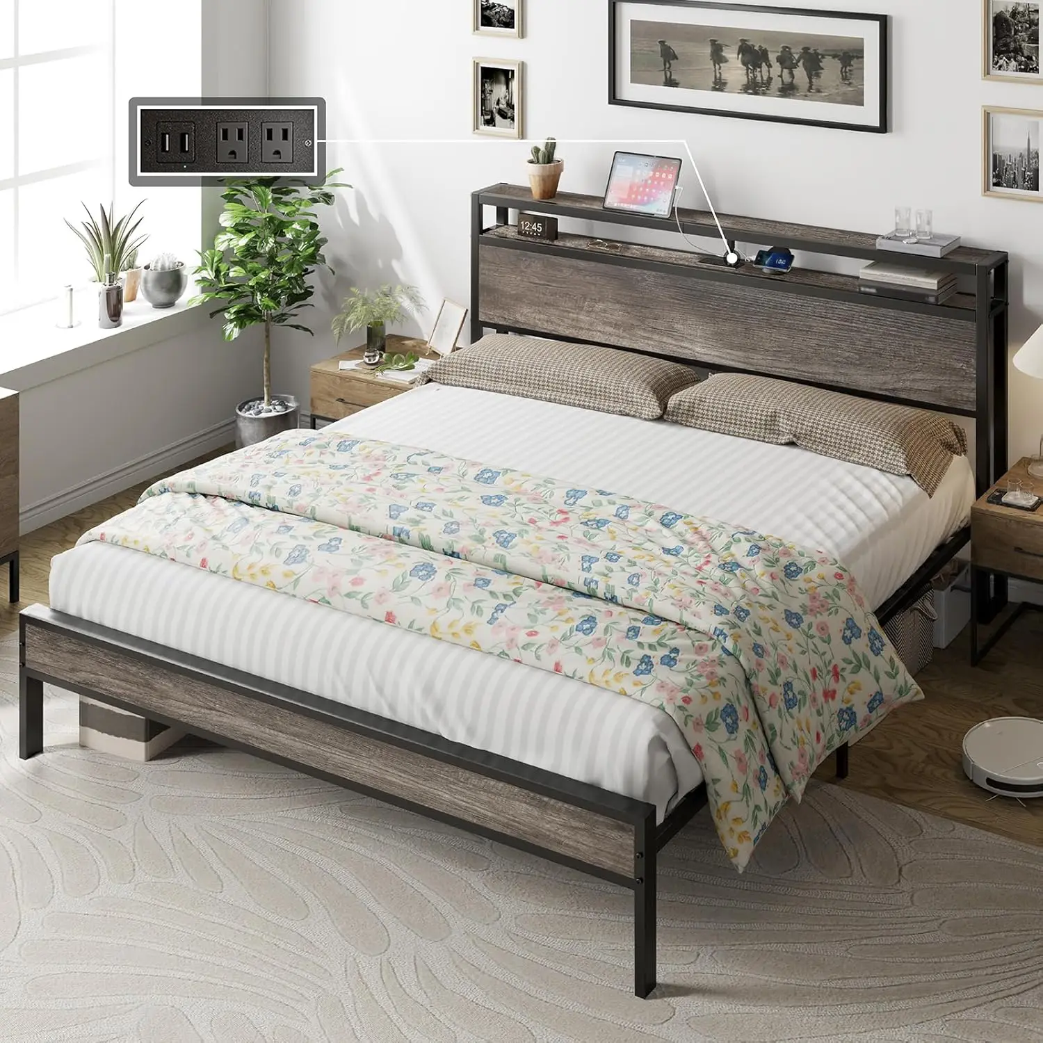 King Size Bed Frame Industrial Platform Bed with Charging Station 2-Tier Storage Headboard/No Box Spring Needed/Noise-Free