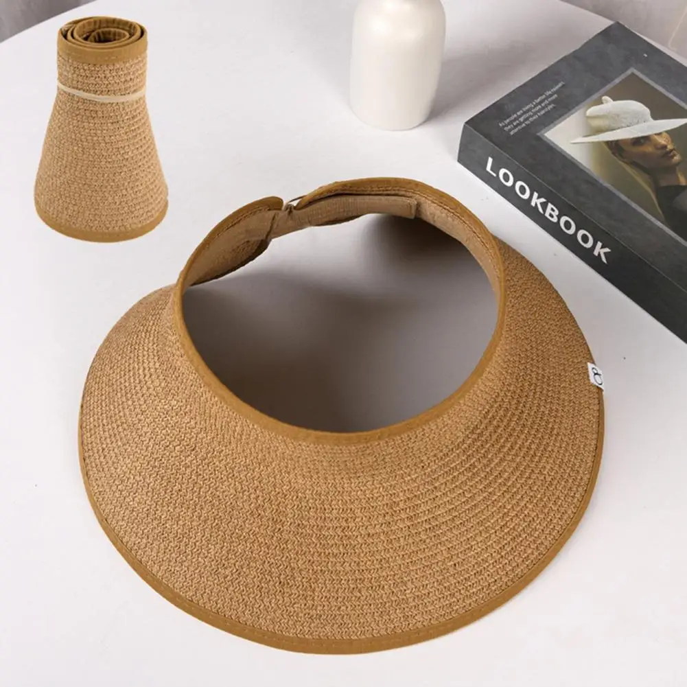 Beach Straw Hat Wide Brim Empty Top Sunshade Anti-UV Adjustable Foldable Summer Vacation Sun Cap Unisex Travel Hat