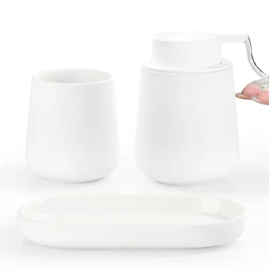 

Набор аксессуаров для ванной из белой керамики – 3 предмета в стиле фермерского дома: дозатор для мыла, держатель для зубных щеток с подносом, помпа для жидкого мыла для ванной