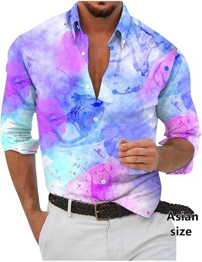 قميص غير رسمي للرجال ملون فني ثلاثي الأبعاد مطبوع قمصان طويلة الأكمام للربيع والصيف بلوزة أنيقة كبيرة الحجم للجنسين ملابس الشارع الشهير Y2k