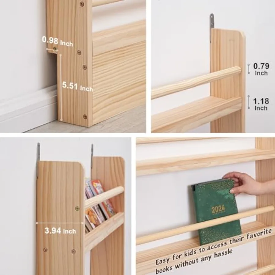 4Tier SpaceSaving Bookshelf Made of Pine Wood with Wall Mounted Design for Behind The Door Storage Ideal for Organizing 's Book