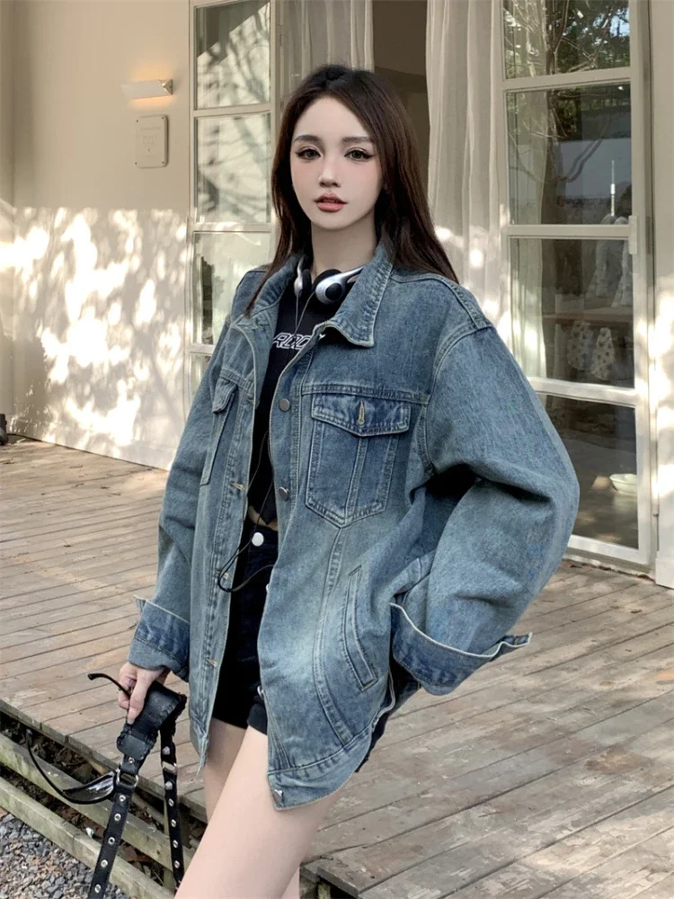 سترات الدنيم النسائية خمر BF معطف الخريف شارع العليا الشهيرة سيدة الكورية الموضة العصرية الشارع الشهير Y2k أبلى الجمالية Ins #4