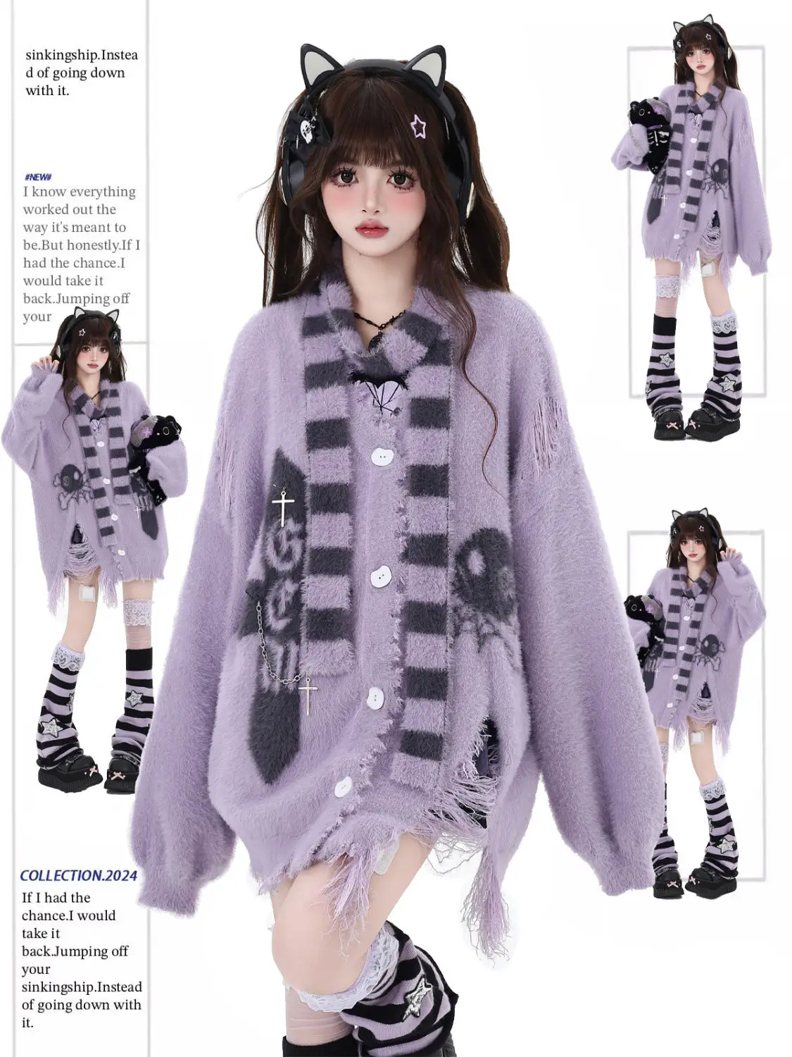 Original Design Knitwear Subculture Imitation Mink Fur Niche Cardigan Purple Sweater with Scarf Y2K Punk Vibe Striped Pullover