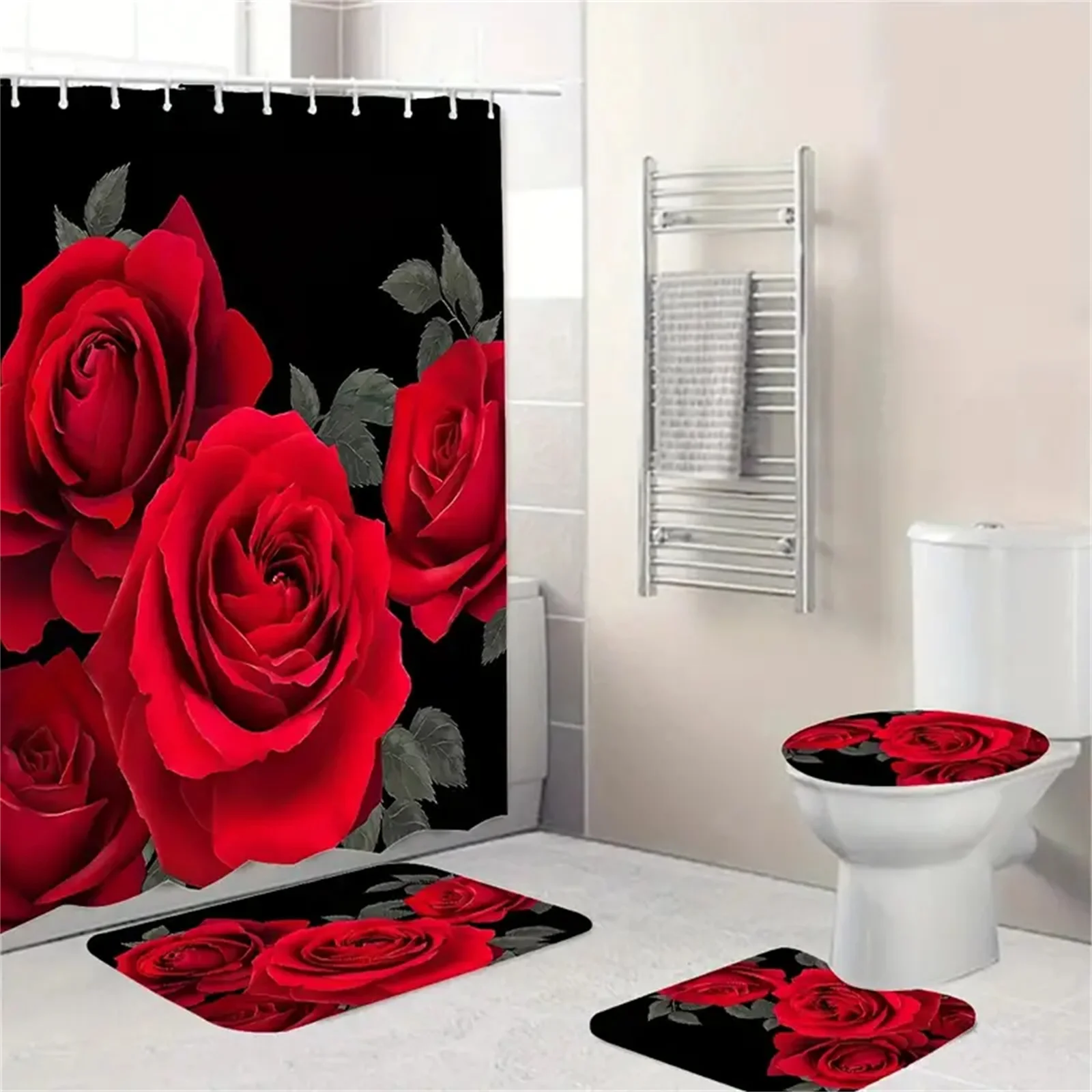 Rose Flower Shower Curtain Set with Non-Slip Rugs Toilet Lid Cover Bath Mat Valentine\'s Day Bathroom Curtain Waterproof Decor