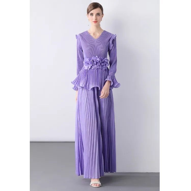 

Women's Autumn Faion Outfit Long Pleated Skirt And Top Set Floral Splicing High Waist Wide Leg Pants V Ne Long Sve