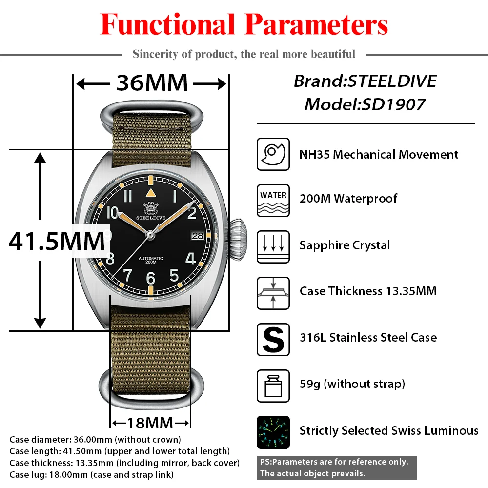 STEELDIVE SD1907 Luxury Auto Mechanical Wristwatch 36MM Case NH35 Movement Swiss Luminous 200M Waterproof Fashion Dive Watches