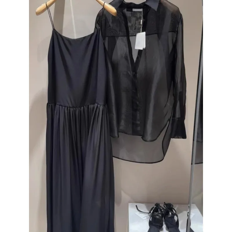 

Women Plus Size Sheer Shirt Sling Dress Two Piece Set Loose Elegant Casual Daily Wear