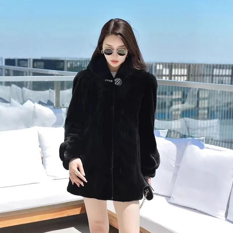 Black Temperament Women Faux Fox Fur Jacket Chic Fur Trim Hooded Warm Mink Fur Jacket For Female Winter Cozy Lady Eco Fur Coat