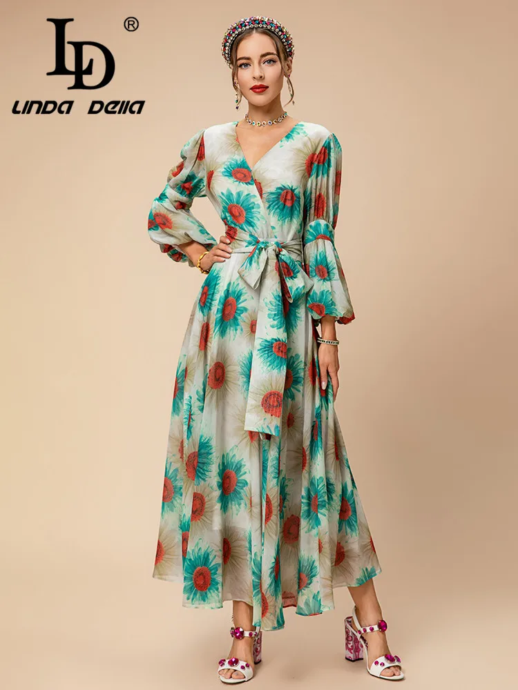 LD LINDA DELLA Summer Fashion Designer Beach Dress Women's Flower Color V-Neck  Frenum High Waist Print Crumple Long Dress