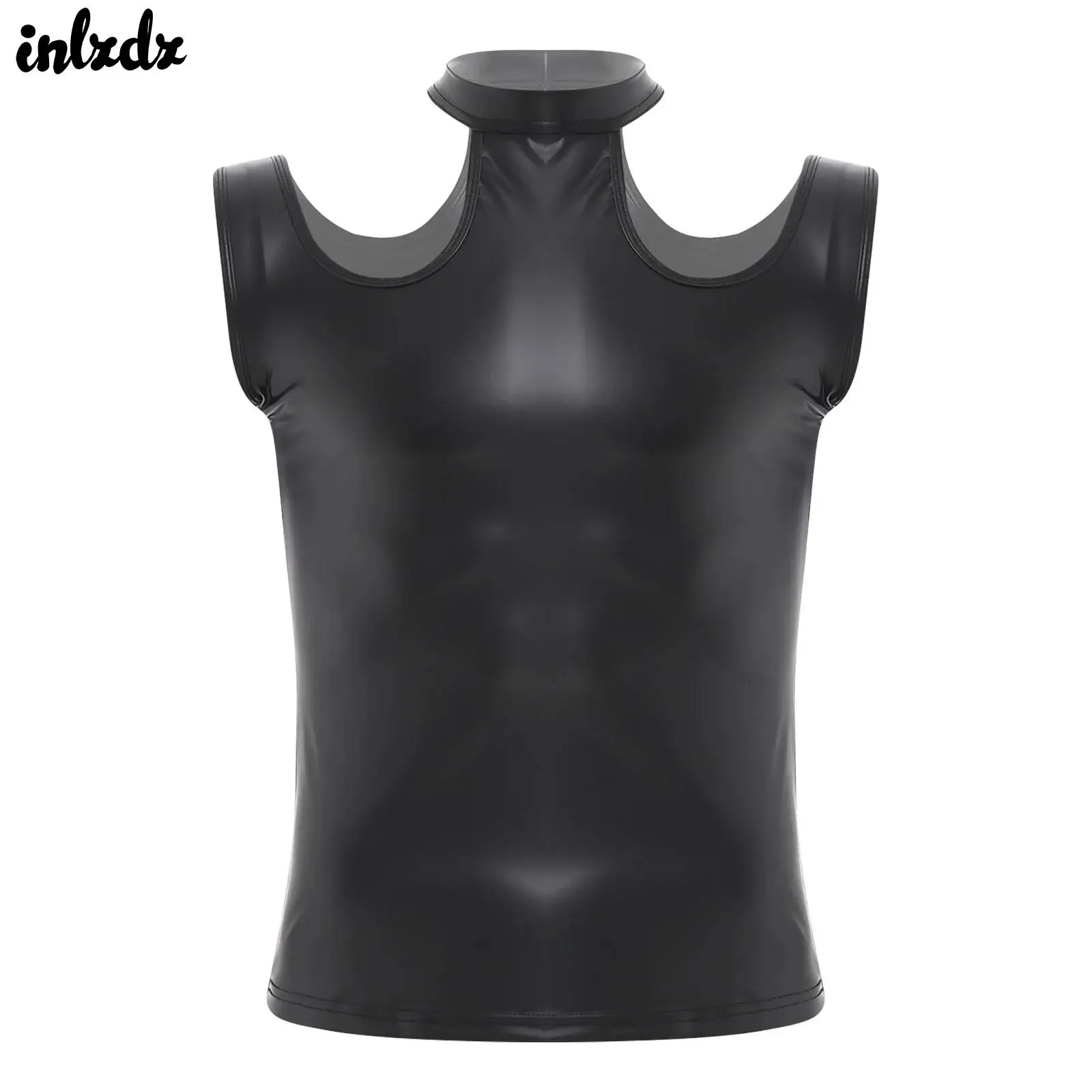 

Mens Halter Singlets Slim Fit Vest Shoulder Cut-out Matte PU Leather Latex Tank Top Clubwear Pole Dance Party Raves Costume