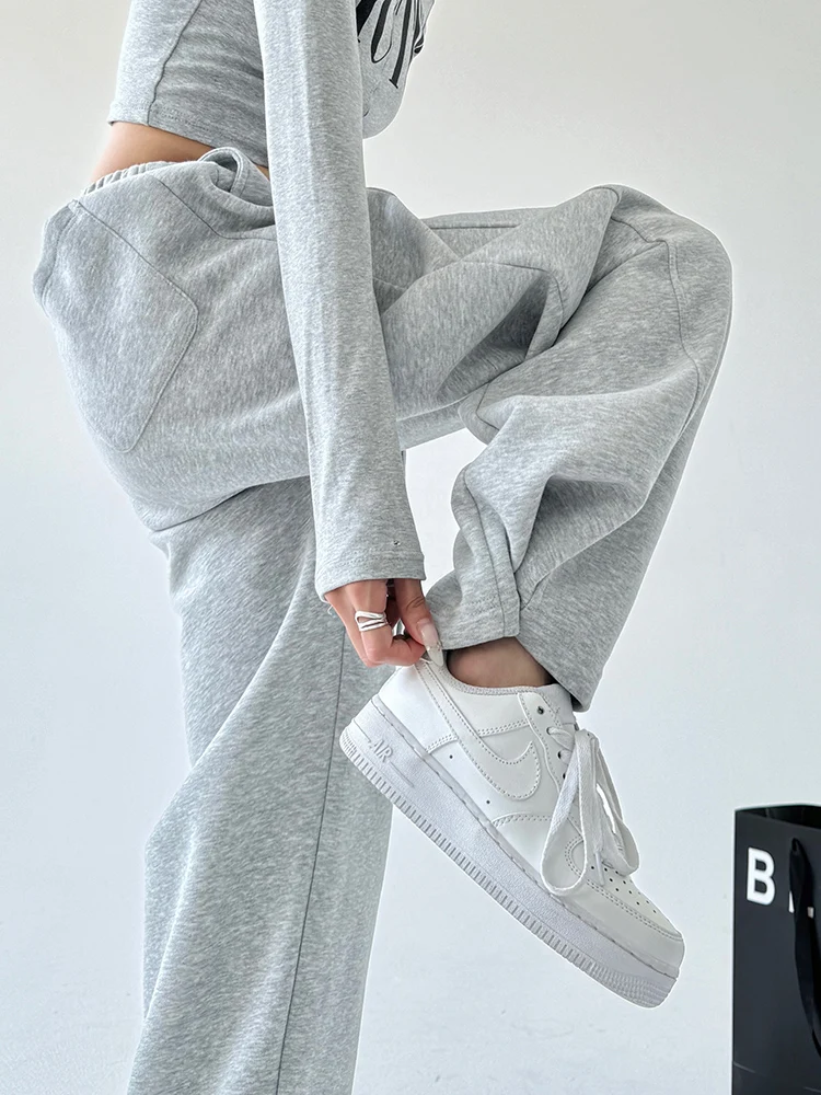 클래식 다용도 화이트 스포츠 팬츠 여성용 가을 신상 슬레 커프드 캐주얼 루즈 와이드 레그 팬츠