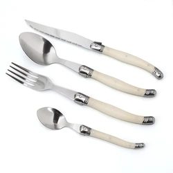 Jaswehome 4Pcs Black Table Flatware Set White Laguiole Steak Knife Fork Spoons Cutlery Set Sharp Balde Dinnerware