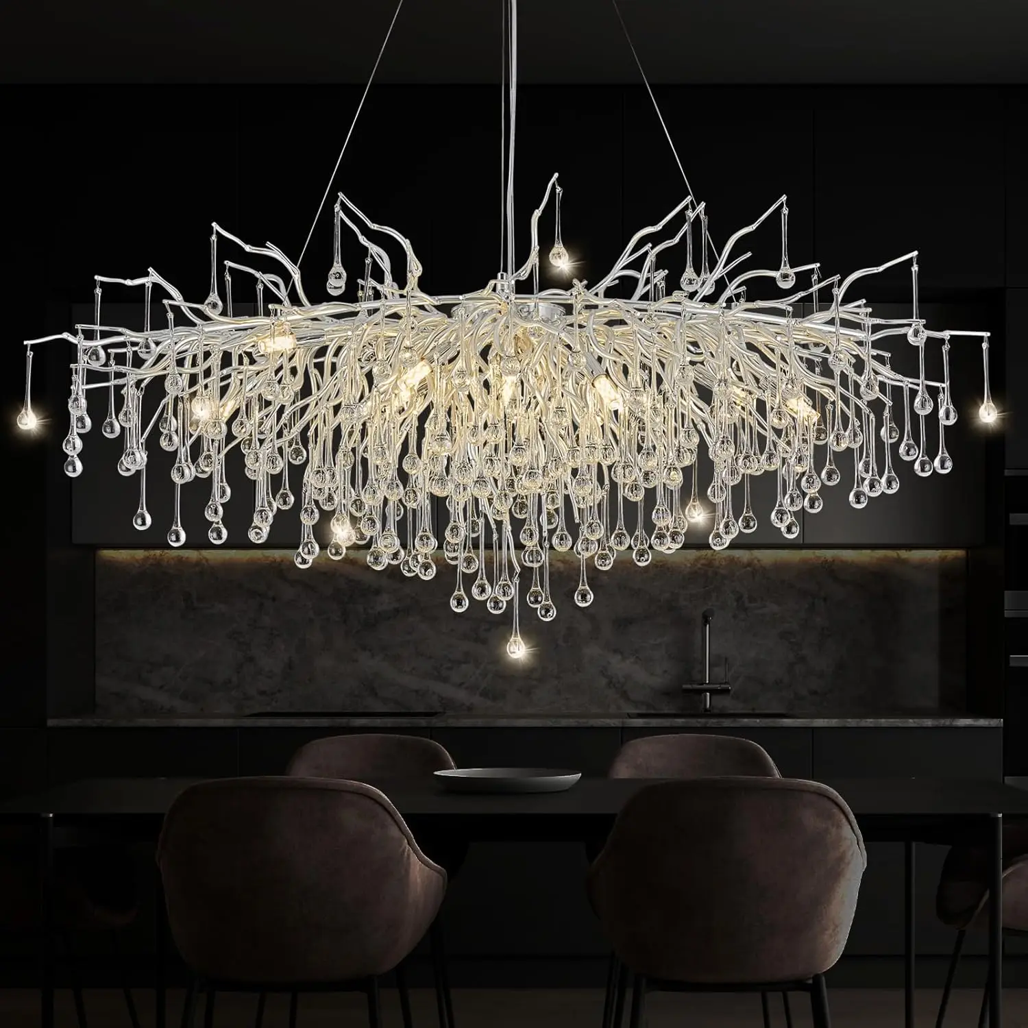 Silver Rectangular Crystals Chandelier for Living Room Crystal Chandeliers High Ceiling Pendant Raindrops Long Light Fixture