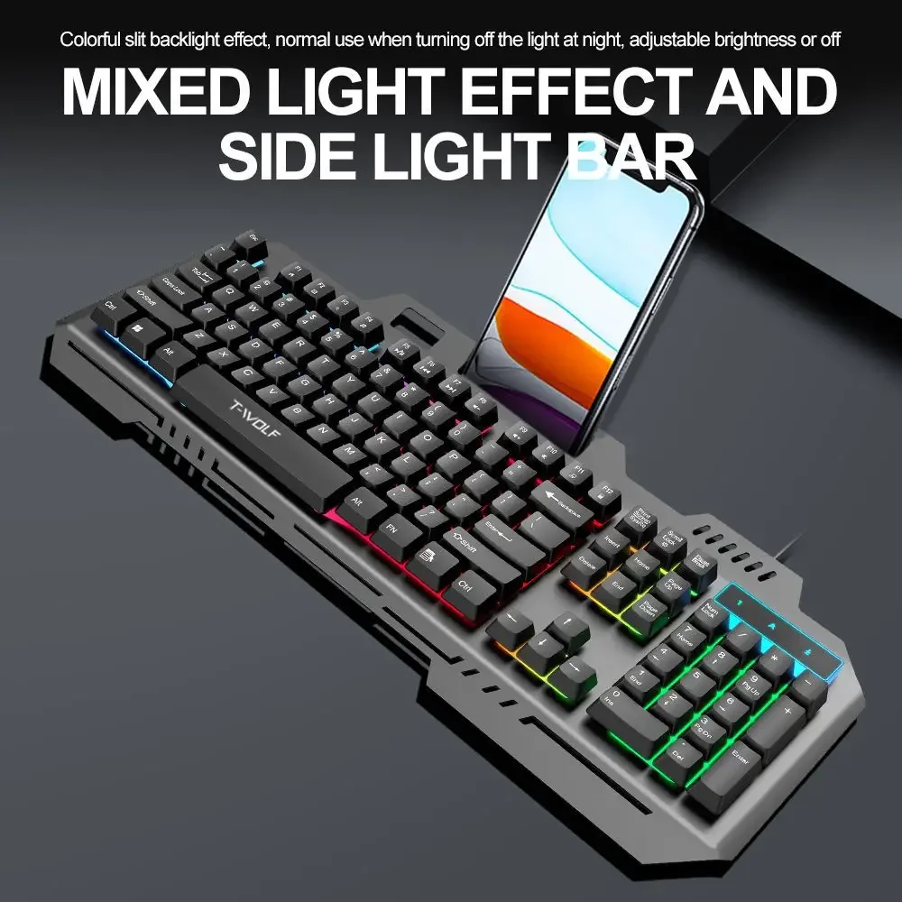 Teclado con cable para juegos T-WOLF T16 con tablero de Metal, teclas iluminadas, conexión USB, escritura silenciosa y soporte para teléfono para PC de escritorio