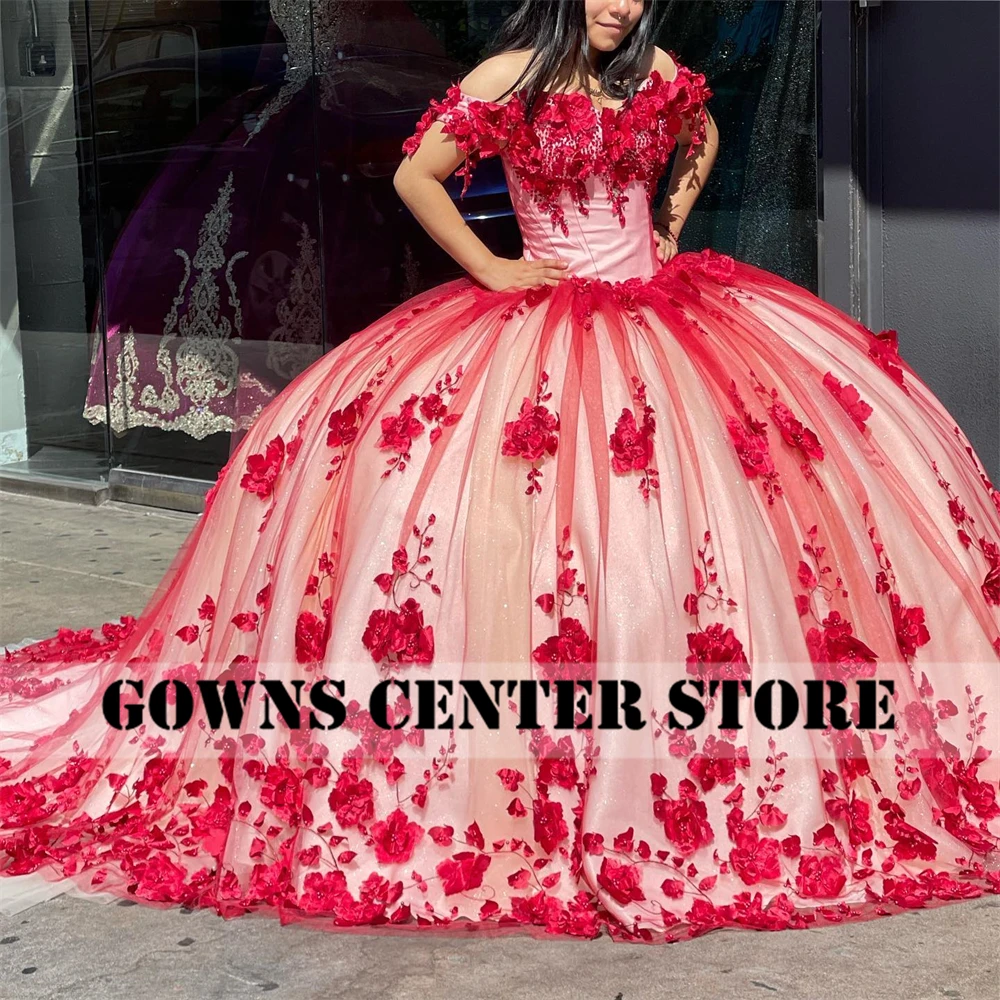 Vestidos Rojos de quinceañera con hombros descubiertos, flores en 3D, dulces 16 vestidos de baile, vestidos de cumpleaños Vintage con cuentas