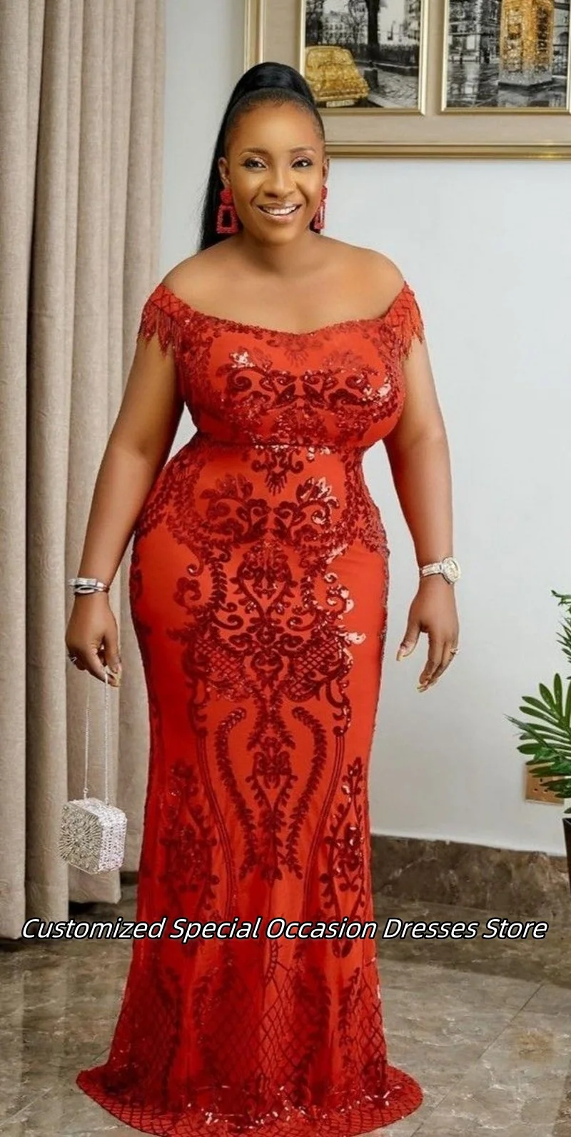 스파클 레드 스팽글 아플리케 오프 숄더 이브닝 드레스 여성을위한 긴 인어 댄스 파티 드레스 웨딩 파티 가운 맞춤형