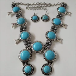 2024 New Indian Statement Blue Round Resin Stone Necklace Earrings Women Jewelry Sets Boho Ethnic Retro Maxi Long Big Necklace