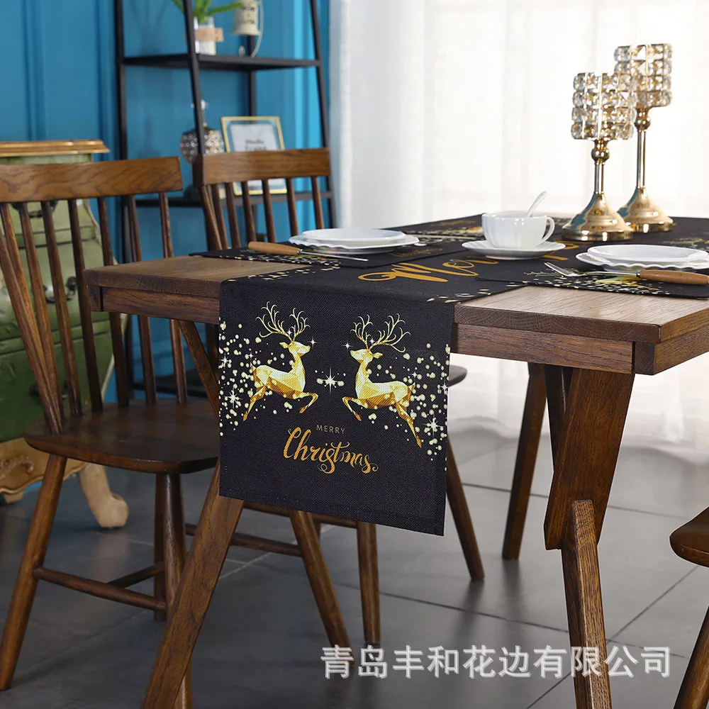 2022 New Light Luxury Style Christmas Day Elk Printed Waterproof Table Cloth Table Flag Pad