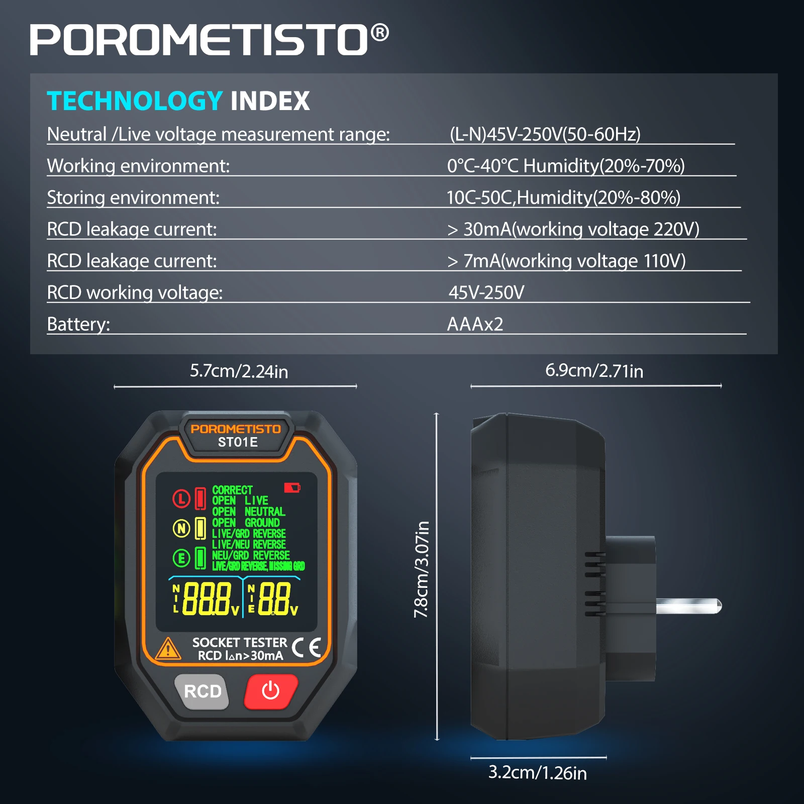 POROMETISTO cyfrowy tester gniazd test napięcia detektor gniazd RCD US/EU/UK detektor sprawdzania polaryzacji wielofunkcyjny elektroskop