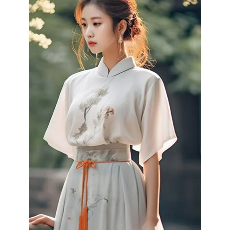 Song Dynasty Modern White Stand Collar Printed Short sleeved Hanfu Dresses 2pcs Women 2023 Summer Elegant Loose Zen Tea Dress