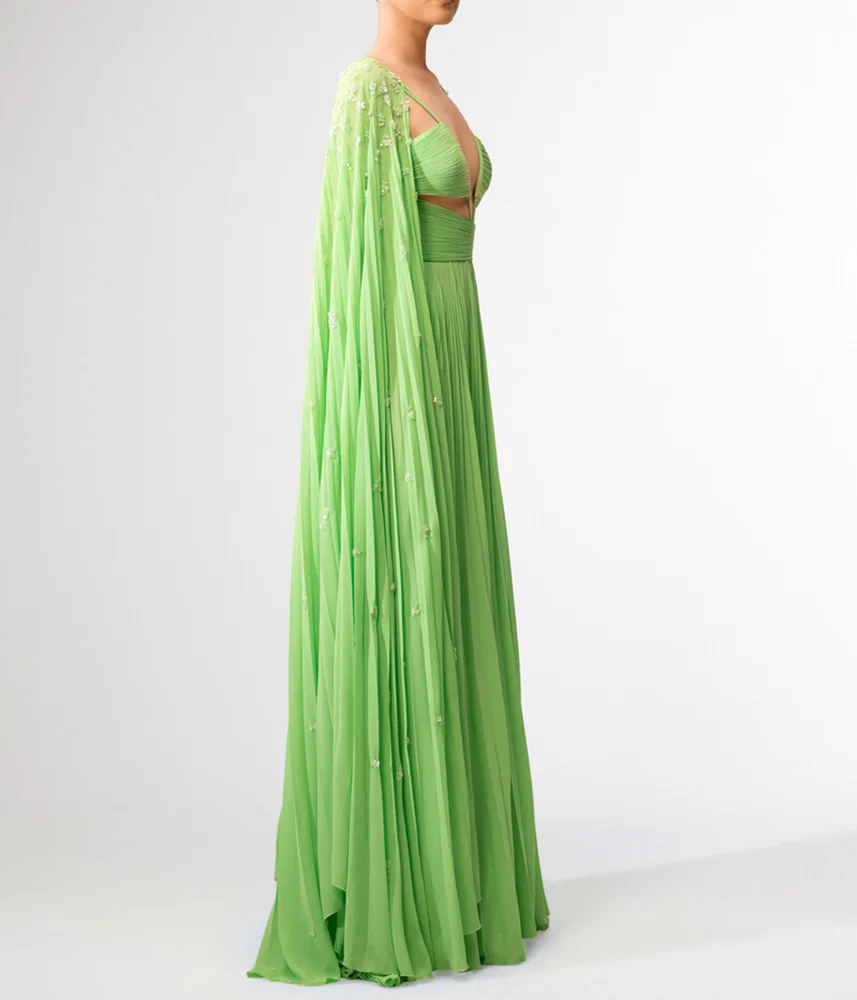 

Green Chiffon Evening Dresses Flowers Beaded Cape Long Prom Dresses Fancy Formal Gowns