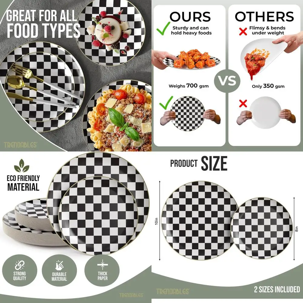 

Набор из 200 черно-белых тарелок в клетку с золотыми краями - 100 тарелок 8 дюймов и 100 тарелок 10 дюймов для вечеринок в стиле гоночных автомобилей