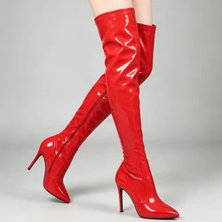 jialuowei Thigh High Boots Stiletto Heels Sexy Full Zipper Over-the-knee Long Boots Lacquered Patent Black Plus Size 36-46