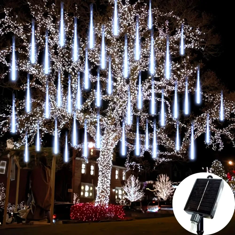 Solar Meteor Shower Lights White 10 Tubes Waterproof for Christmas Halloween Outdoor Tree Garden Party Balcony Window Decor