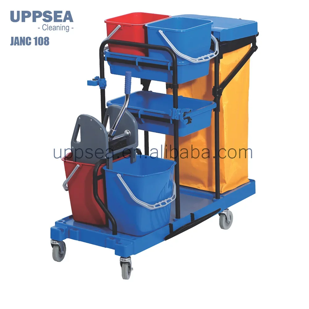 Multifunctional Cleaning Hotel Housekeeping Room Service Cart,Dolly Service Truck Trolley With Bilateral Viny Bag