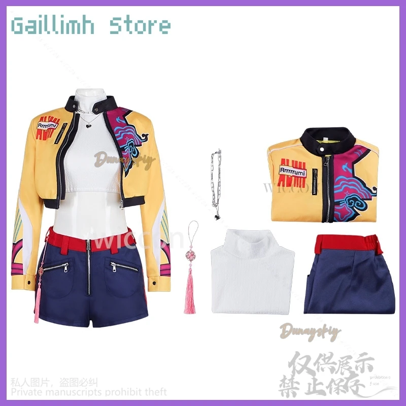 Rumi kpop menina grupo cosplay anime filme demônio cantando traje amarelo punk y2k casaco calças curtas perucas longas festa de halloween cos