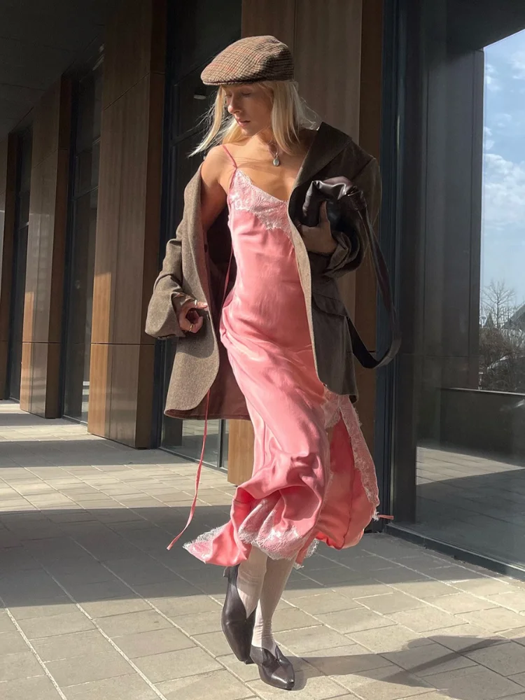 Women Elegant Sleeveless Satin Lace Splicing Sling Dress Chic Pink Backless V Neck Slim Max Dresses Summer New Lady Party Robes