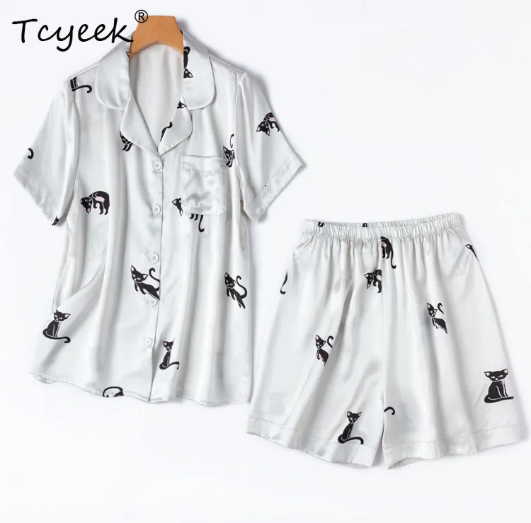 

Tcyeek 21MM 100% Real Mulberry Silk Shirt Shorts Women's Home Clothes Womens Two Peice Sets Loose Print Summer Shorts Костюм