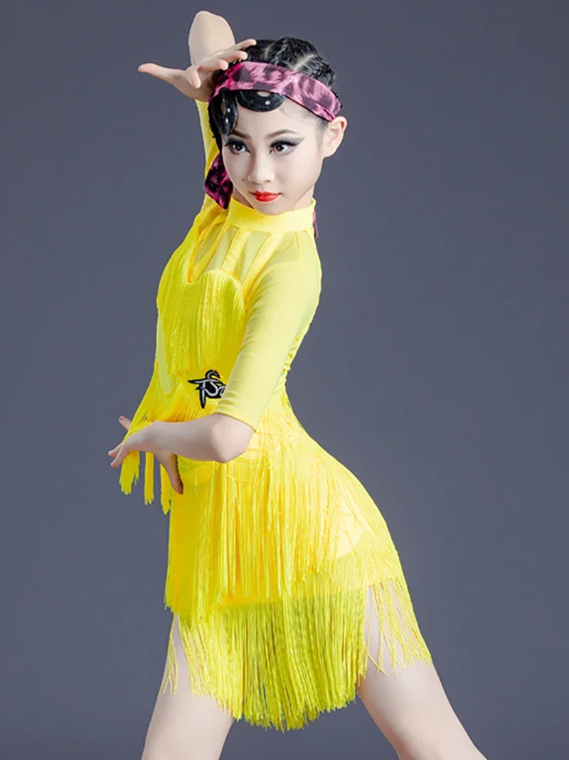 Bambini Ragazze Nappa Catena Maglia Giallo Vestito da ballo latino Abbigliamento per spettacoli teatrali Cha Cha Concorso Bambini Sala da ballo Dancewear
