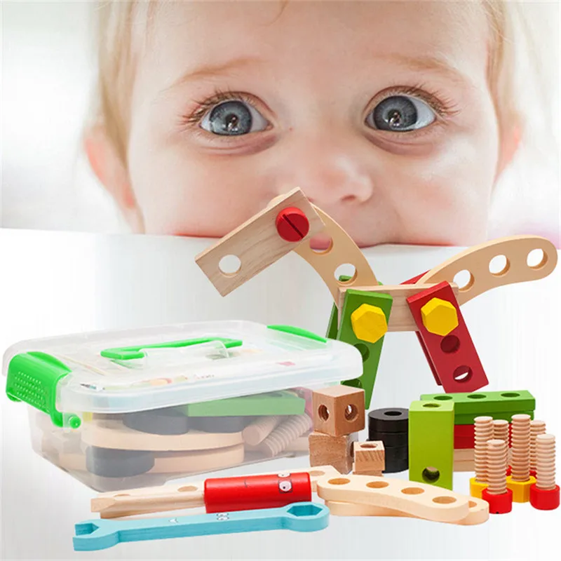 Kids Wooden Screw Nut Puzzle Toys Screwing Blocks Engineer Game DIY Maintenance Disassembly Tool Basket Educational Boys Toys