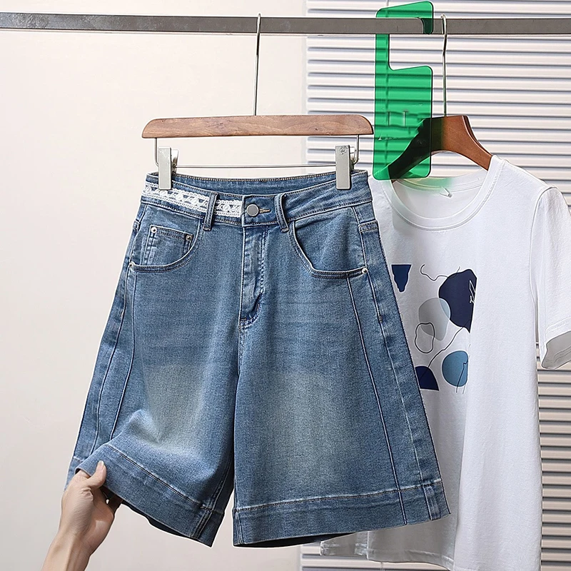 Fashion lace splicing elastic denim shorts women's summer new loose and slimming wide leg five quarter mid length pants