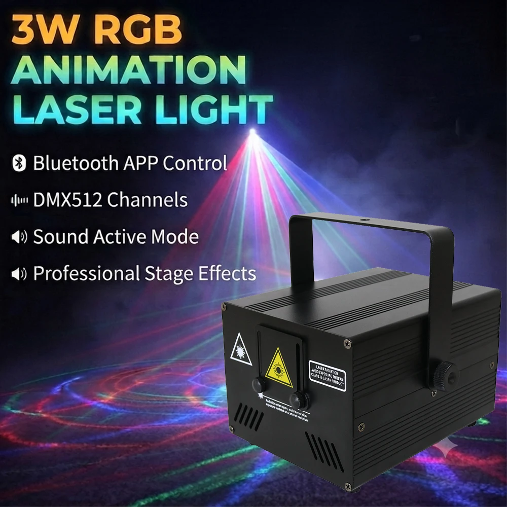 3W Animation Laser Projector Light Full-Color Laser Light Android/iOS App Bluetooth 3D RGB Stage Laser Lamp DMX DJ Disco Wedding