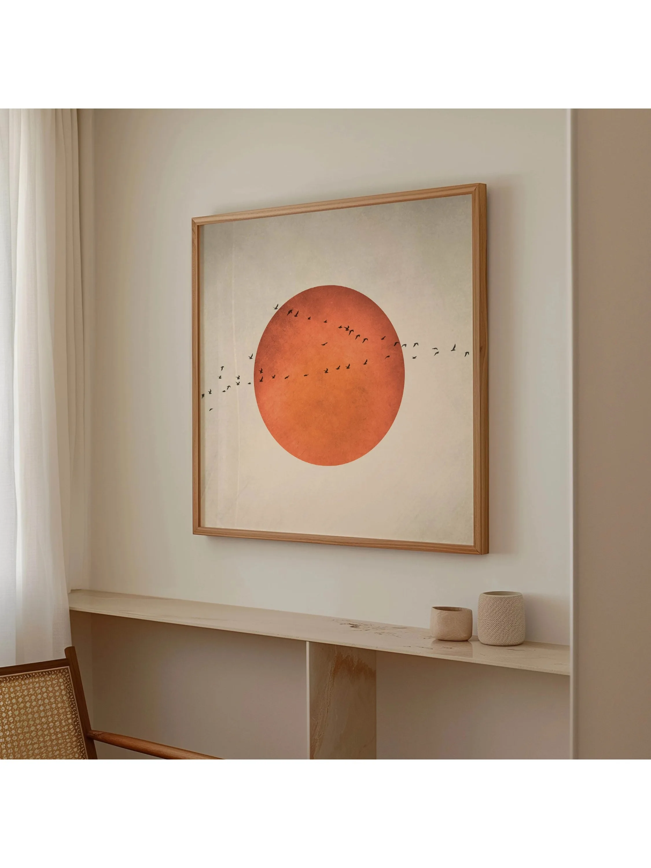 Art mural minimaliste de style japonais, lune de sang et oiseaux, imprimé carré de paysage abstrait pour décoration de salon, décoration de maison, 1 pièce