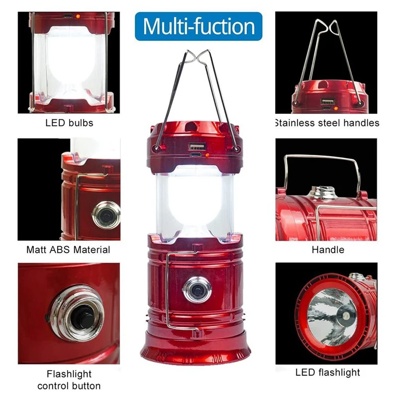 Solar Camping Lantern Rechargeable USB LED Lantern Flashlight 2 Power Supply Modes Survival Kit (Red 2 Pack)