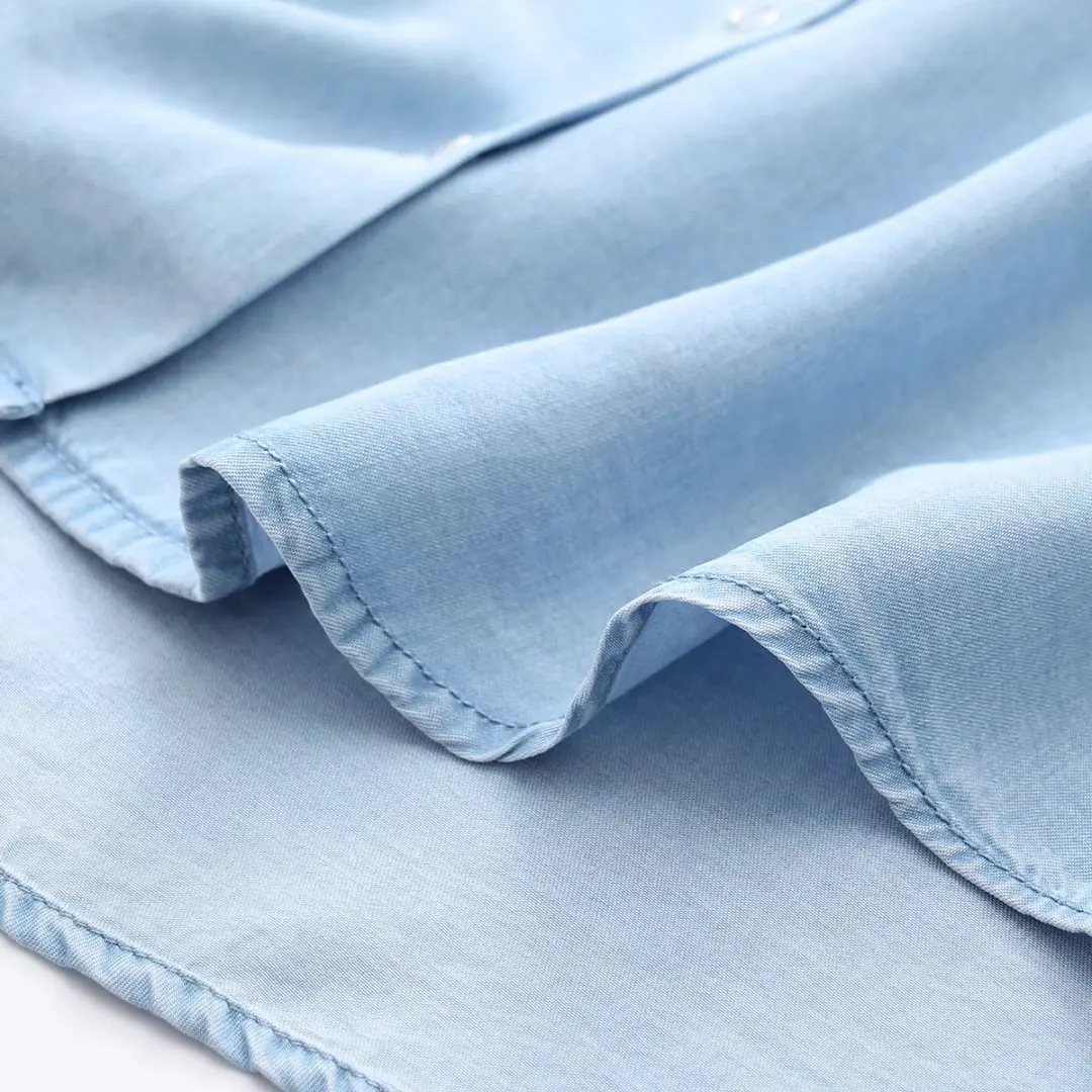 نصف كم الدنيم قمصان المرأة الصيف لينة الجينز لباس خارجي اثنين جيب بلوزات فضفاضة غير رسمية ثنى رقيقة معطف بلايز جديد T35442M #4