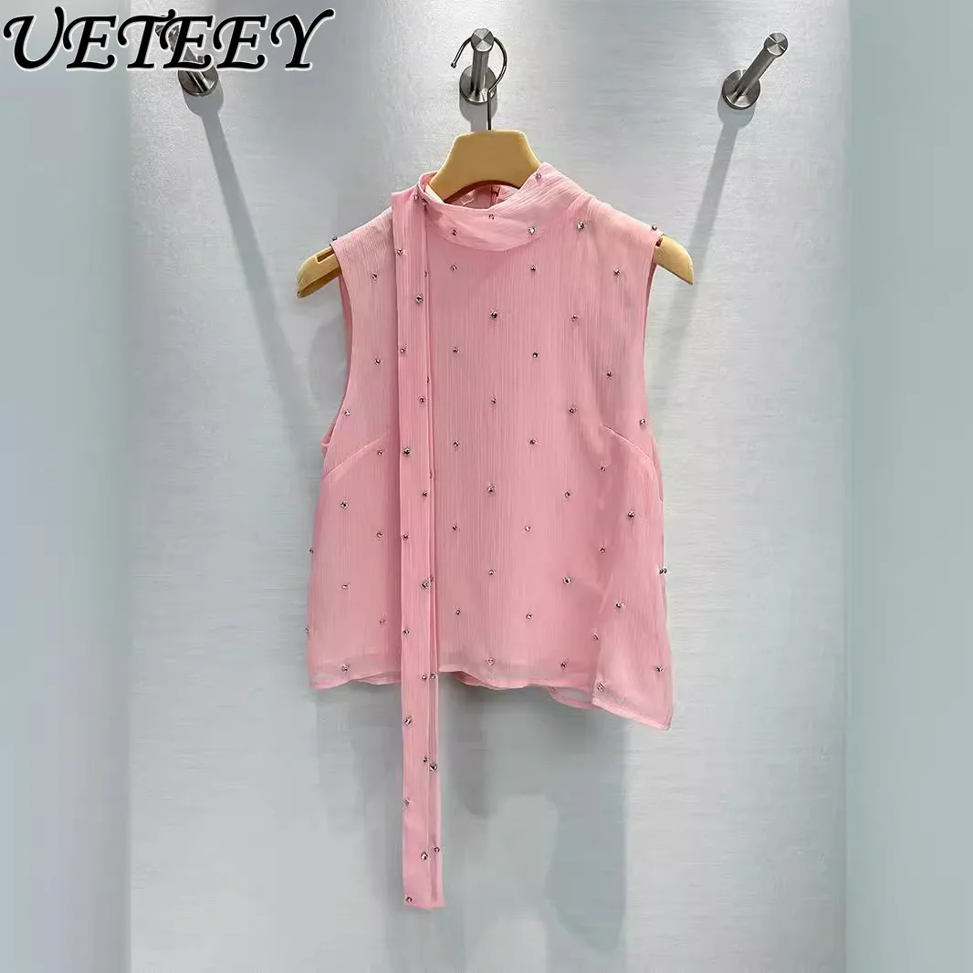 

2025 Summer New Niche Design Versatile Sleeveless Shirt Hand-set Diamond Lace-up Sweet Design Pullover Vest Tshirt Blouse Top