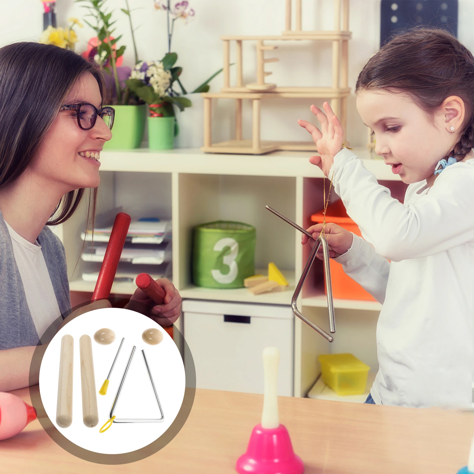 

1 set 1 Set Percussion Instruments For Kids Adults Rhythm Sticks Musical Triangle Safe Design Clear Sound Music Learning Toddler