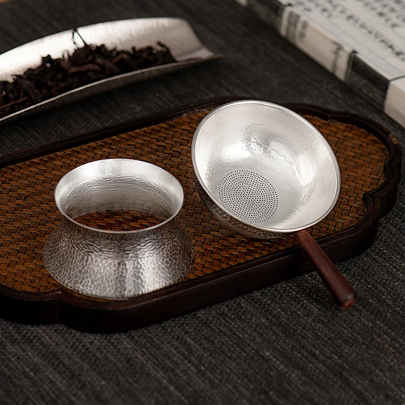 Sterling Silver 999 Tea Leak Filter, Hammer Pattern, Ebony Handle, Tea Strainer, Saucer Set Home Tea Ceremony Teaset Accessories