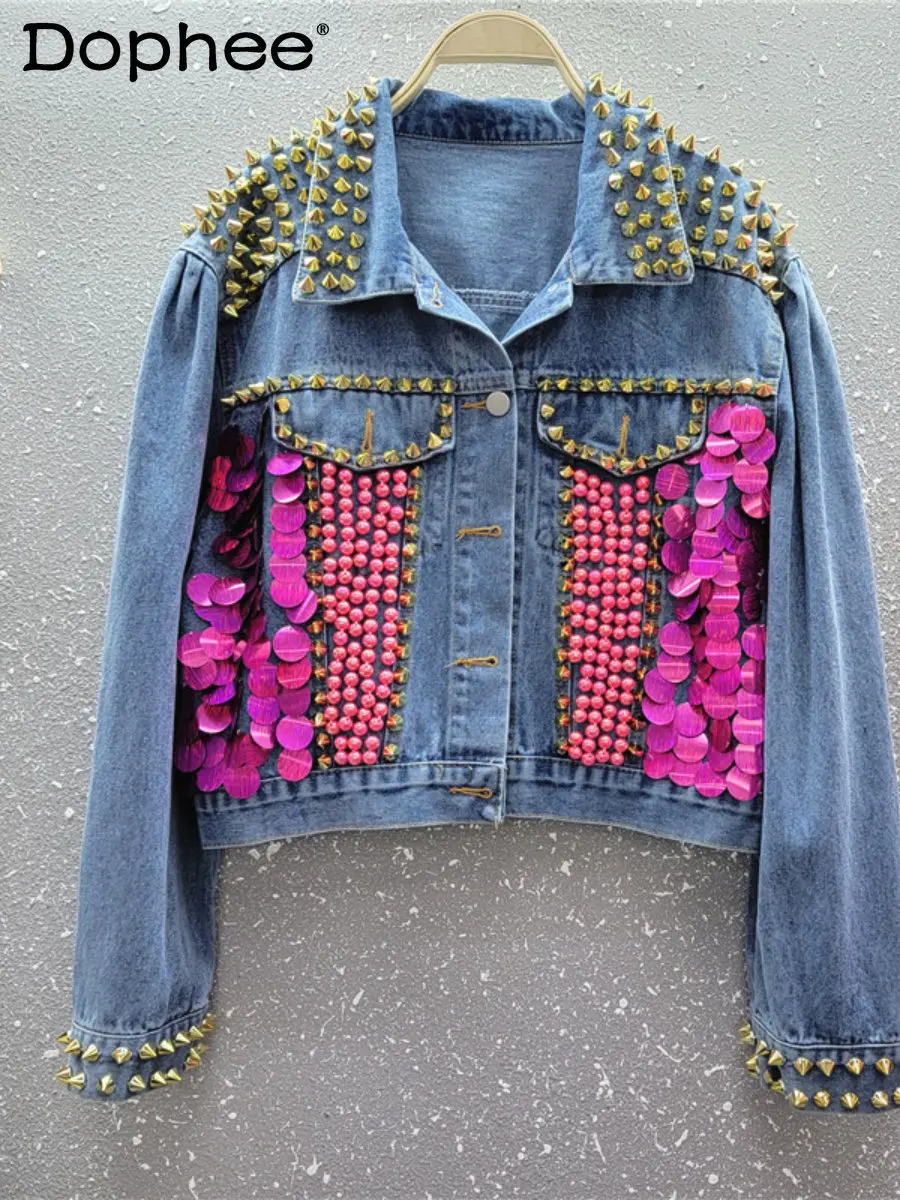 

High-End Heavy Industry Luxury Diamond Beaded Denim Jacket Sequined Puff Sleeve Short Jean Jacket Spring Autumn Casacos Feminino