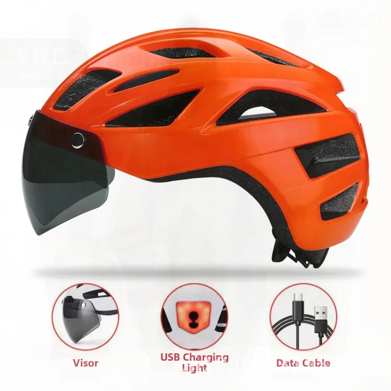 

Adult Cycling Helmets with Rechargeable Tail Lights And Magnetic Goggles Unisex Night Riding Safety Gear Glossy Black Pearl