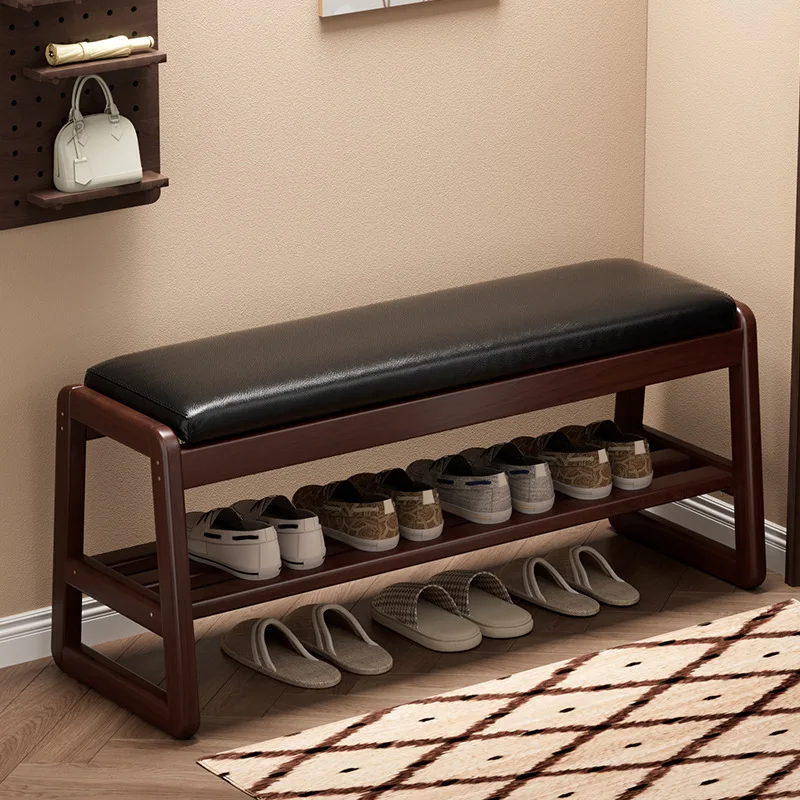 Age-Friendly Solid Wood Shoe-Changing Bench with Cushion and 2 Tier Storage Space for Entryway Hallway Living Room Senior Use