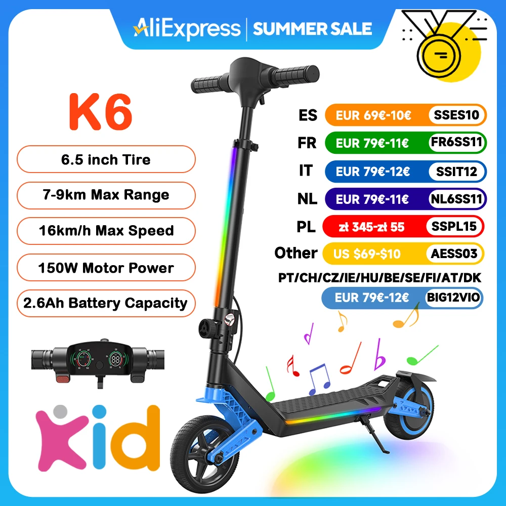 Trottinette électrique pour enfants K6 6,5'' Moteur 150W Batterie 21,6V2,6Ah Autonomie 7-9km 3 vitesses Bluetooth Lumières LED Trottinettes électriques pliables
