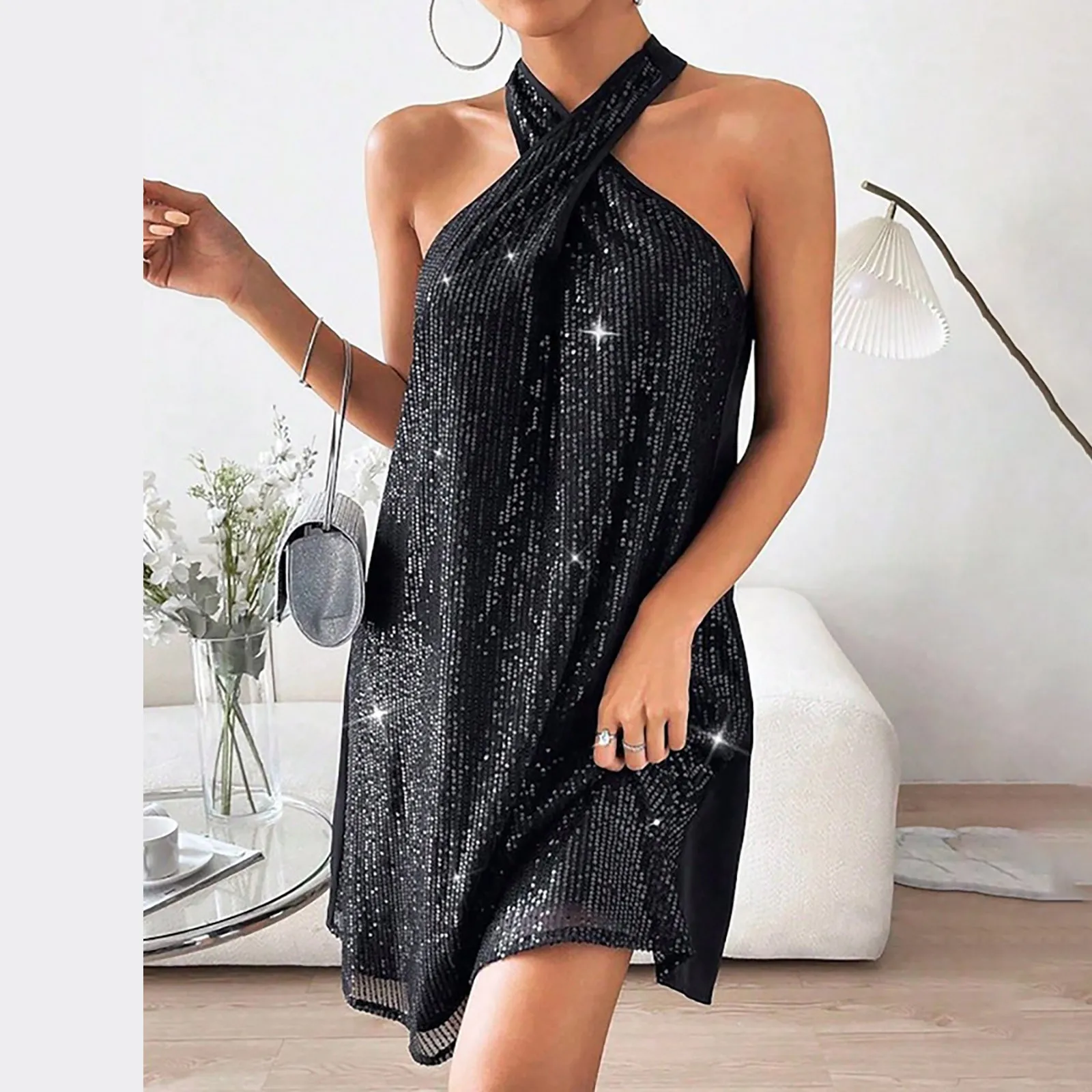 

Summer Dress For Women Sexy Halter Sleeveless Hollow Out Gown Evening Mini Dresses Retro Streetwear Geometric Print Vestido 2024