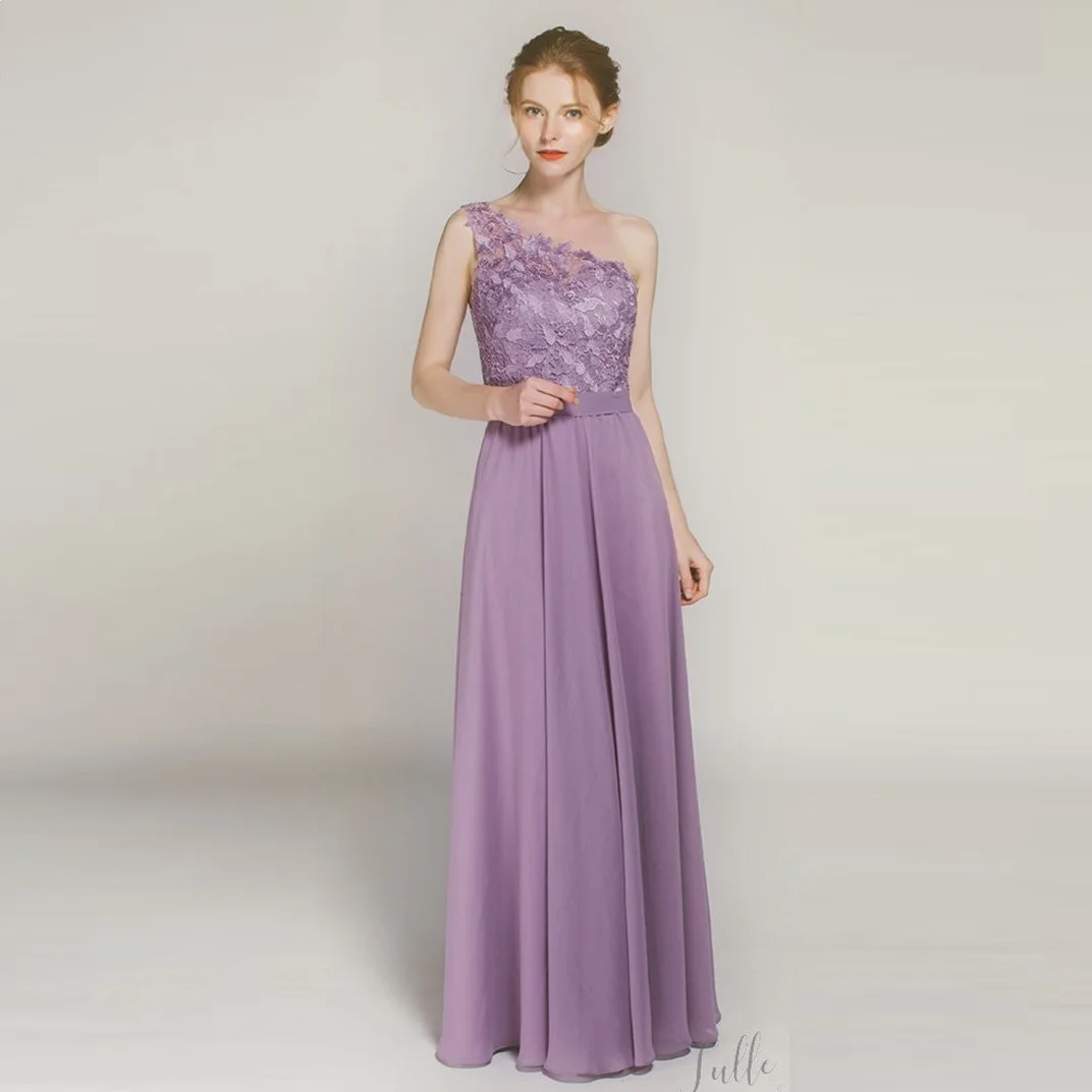 

Lace A Line Purple Bridesmaid Dresses One Shoulder Sexy Sash Wedding Party Dress Chiffon Maid of Honor Gowns Custom