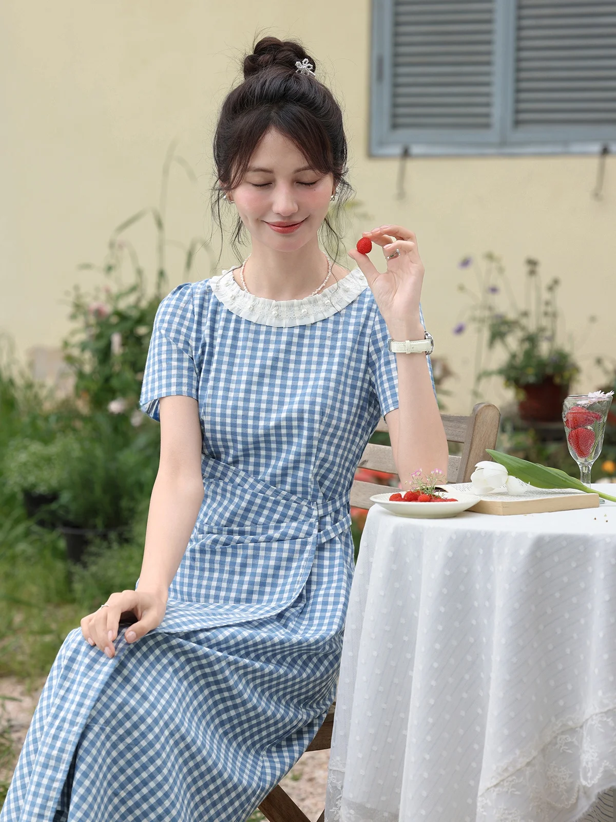 Été bleu Plaid rond Ne femmes Dr aped taille conception sel lait id jupe trapèze ort Sve longue Dr fermeture éclair Clo...